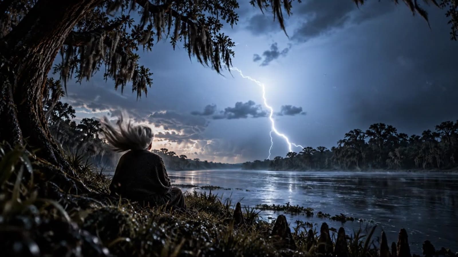 A figure with windswept white hair sits beneath a moss-draped tree at the edge of a river as lightning forks across a stormy night sky.